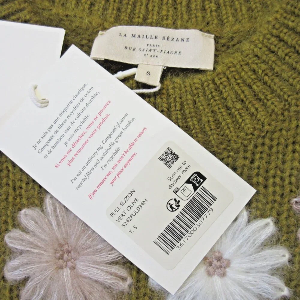 NWT La Maille Sezane Suzon Jumper in Olive Floral Embroidered Sweater S - Picture 6 of 10
